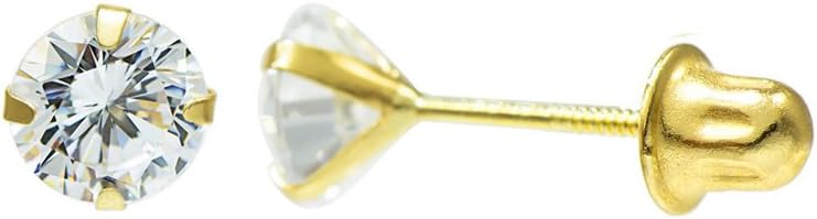 14K Yellow Gold Round Cubic Zirconia (CZ) Single Basket Screw Back Stud Earrings - 2 mm to 10 mm