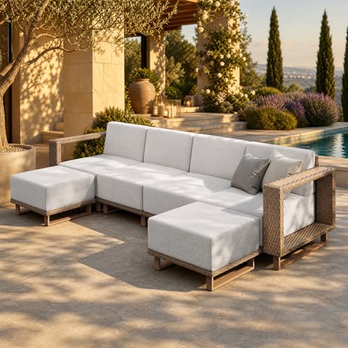 HERA'S HOUSE Patio Sectional Furniture Set, Modular Outdoor Conversation Sets with 5.3" Widened Armrest & 10" Thick Cushion, Low Profile Yellow Wicker Rattan Sofa with 2 Ottomans for Deck Yard Lawn