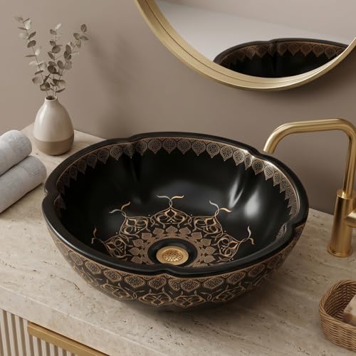 Image of BASSINO 16.5x16.5x5 Inches Moroccan Table Top Wash Basin /Matte Black Bowl Sink for Bathroom /Vanity sink /Handcrafted Flower Shape Countertop Washbasin for Office /Hotel(Matt)