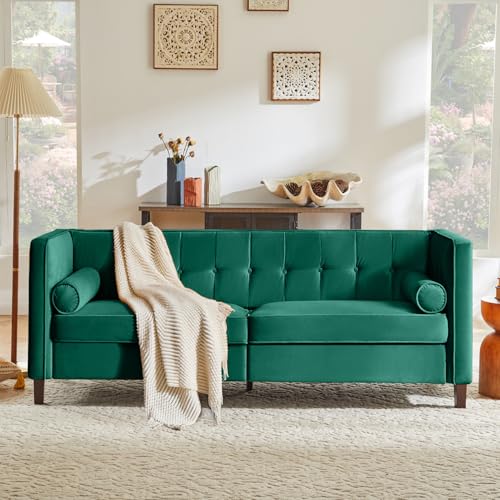 Dreamsir 78'' W Velvet Sofa, Mid-Century Love Seats Sofa Furniture with Bolster Pillows, Button Tufted Couch for Living Room (Sofa, Teal)