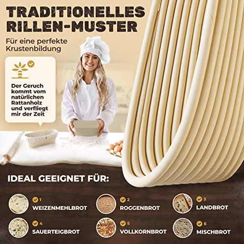 Foto von Funkenflug® Profi Gärkorb zum Brotbacken oval 28cm [NEU] - schönes Gärkörbchen mit waschbarem Leineneinsatz [inkl. köstlichen Brotrezepten] - Brotlaib wie von deinem Lieblingsbäcker - Gärkorb