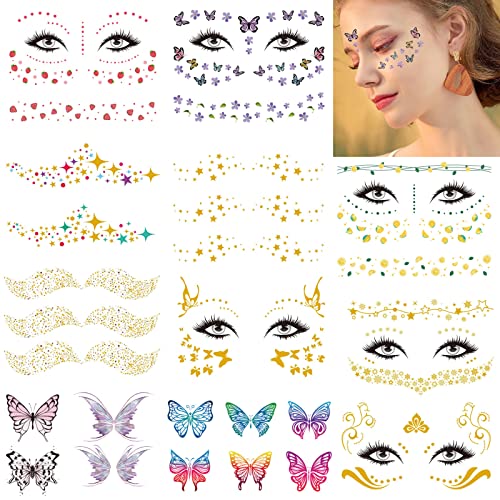 Tazimi 16 Sheets Glitter Face Temporary Tattoo For Women Girls Butterfly Daisy Totem Snowflake Metallic Freckle Face Tattoo Halloween Makeup Dancer Costume Parties Carnival Party Facial Tattoo Decoration #TOP19