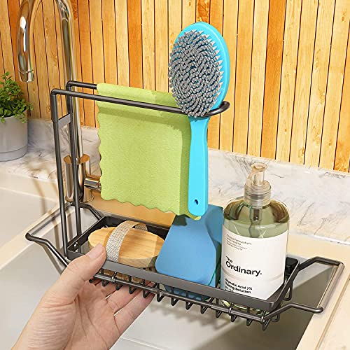 Beenle 304 Stainless Steel Telescopic Sink Caddy Sponge Holder,Expandable Kitchen Sink Organizer Dish Drainer Rack Sink Tray Brush Soap Holder(16.7''- 21.3''),Silver #TOP2