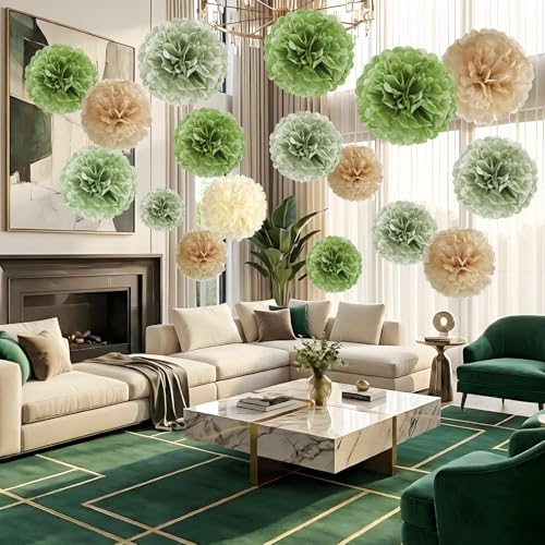 Image of Olive Sage Green Tissue Paper Pom Poms Safari Jungle Party Decorations Paper Flowers Decorations Natural Green Boho Hanging Decor for Birthday Baby Shower Bridal Wedding Party Supplies