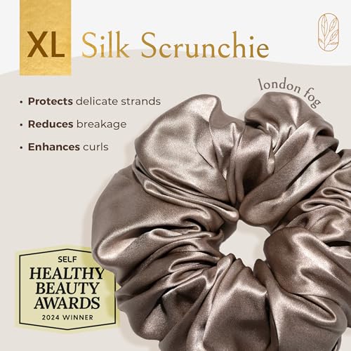 Image of Silk Scrunchies for Women Ponytail Holders - Oversized Mulberry Silk Scrunchies - Extra Large No Damage Hair Ties for Curly, Thick, and Thin - Hair Accessories for Women - London Fog, XL By Curlfriend