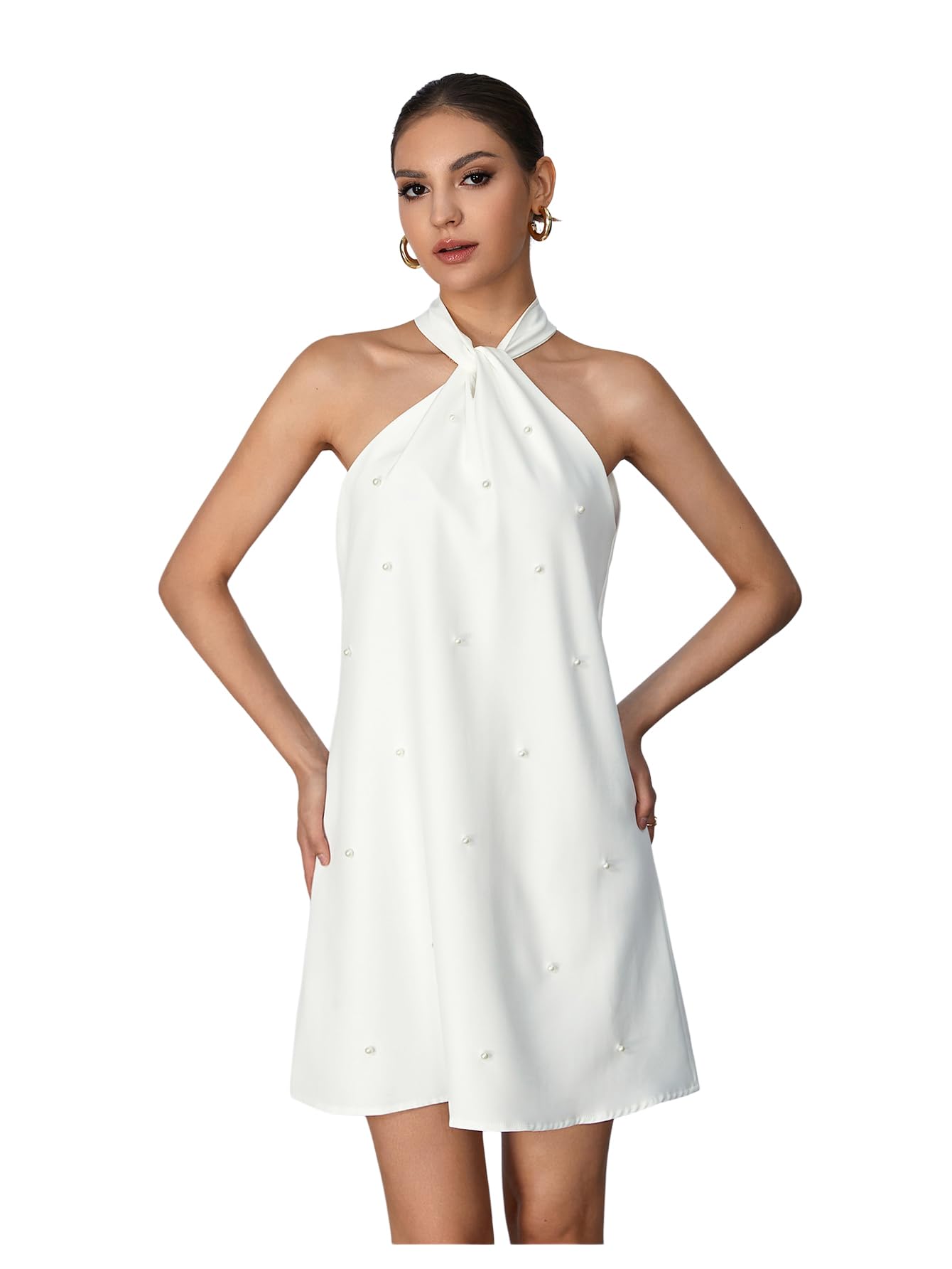 Floerns Womens Pearl Beaded Halter Twist Sleeveless Tie Back Dress A Line Dress
