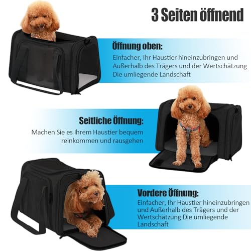 TOFFCAEA Transporttasche für Katze Hund, Hundetransportbox, Faltbare Katzentransportbox, tragbar, 5kg Katzen Hunde Tragebox für mittelgroße Hunde, Katze (M, Schwarz) L 43 x B 28 x H 28 cm