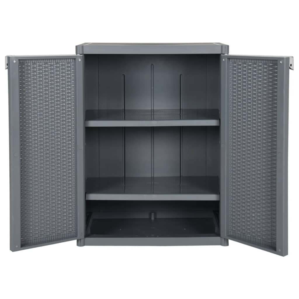Gartenschrank Grau 65x45x88 cm Kunststoffschrank in Rattan-Optik aus PP mit 2 Ablagen, Beistellschrank für Balkon und Terrasse, Allzweckschrank für Gartenutensilien