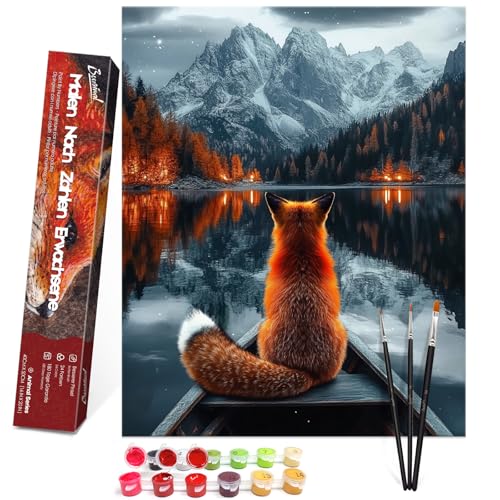 Bougimal Malen Nach Zahlen Erwachsene Tiere Ohen Rahmen inklusive Pinsel und Acrylfarben - 40 x 50 cm, Fuchs und der Schneeberg