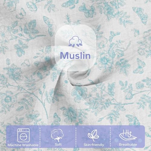 Image of FUNUPUP Muslin Baby Lounger Cover Only, Blue Flower | 100% Muslin Cotton Soft Breathable Easy On /Off Envelope Closure Machine Washable Easy-Clean Protector Neutral Colors