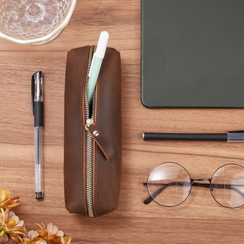 GORGECRAFT Crazy Horse Leather Pen Case Large Capacity Genuine Leather Pencil Pouch Big Zippered Pencil Bag Vintage Cosmetic Holders Organizer for Men Women Pens Home Office Practical Gift - Image 4