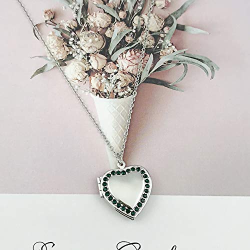 Power Wing May Birthstone Green Cz Love Heart Locket Necklace That Holds Pictures Living Memory Lockets,18" #TOP2