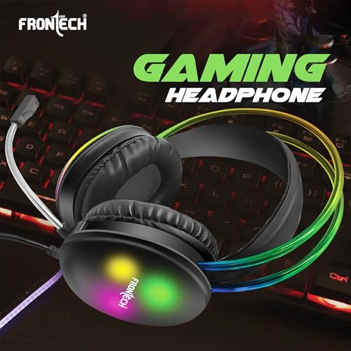 Image of FRONTECH Gaming Headset with RGB Lights | 50mm Driver | Noise-Cancelling Mic | Volume Control | 3.5mm + USB for RGB | Soft Cushions (HF-0015)