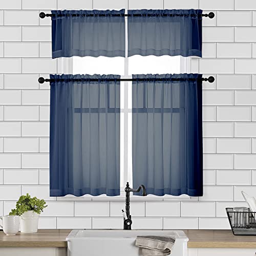 Image of Chyhomenyc Sheer Window Curtains Tier 2 Pieces Set, 36 inch Length, Short Dining Curtains Window Treatment for Small Windows /Bathroom /Cafe /Living Room, Rod Pocket, Navy Blue