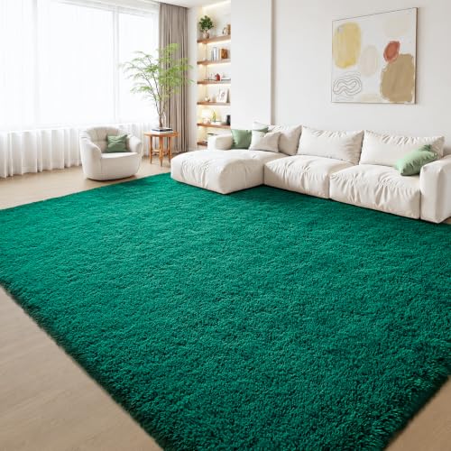 Zentavio Dark Green Area Rugs for Living Room Emerald Green Rugs for Bedroom 8x10 Fluffy Fake Grass Large Carpet for Kids Room Playroom Furry Shag Aesthetic Soft High Pile Washable Home Decor