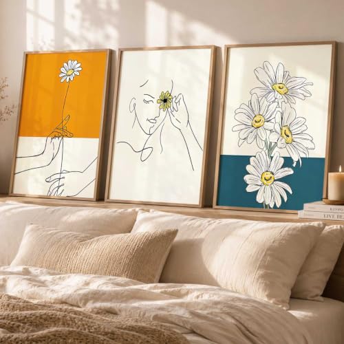 Image of kotart Aesthetic Line Art Home Decoration | Floral Paintings With Frame For Living Room Bed Room Hotel Wall Decor Digital Reprint Set of 3 (20x30 Inch)