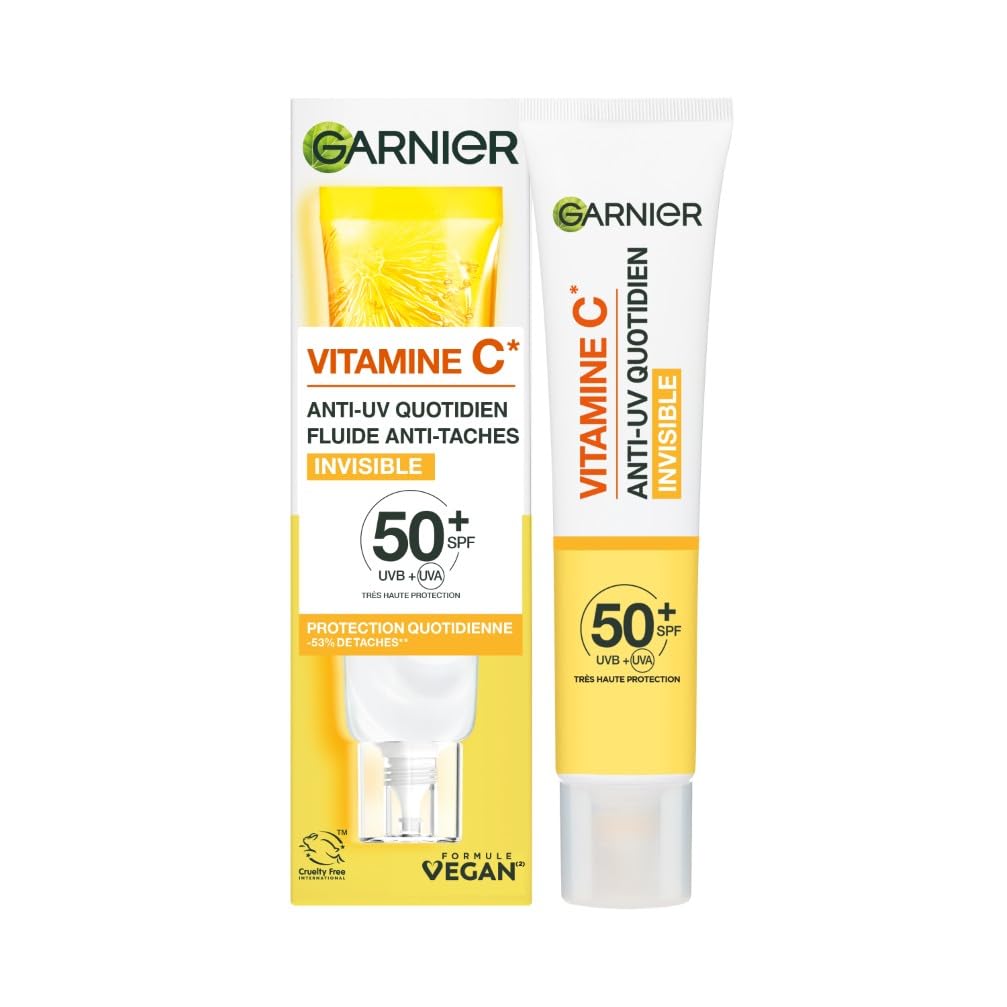 Garnier SkinActive - Fluide Anti-​Taches & Anti-​UV Quotidien - Invisible - SPF 50+ - Protège & Réduit les Taches - Soin Visage Enrichi en Vitamine C - Tous Types de Peau - 40 ml