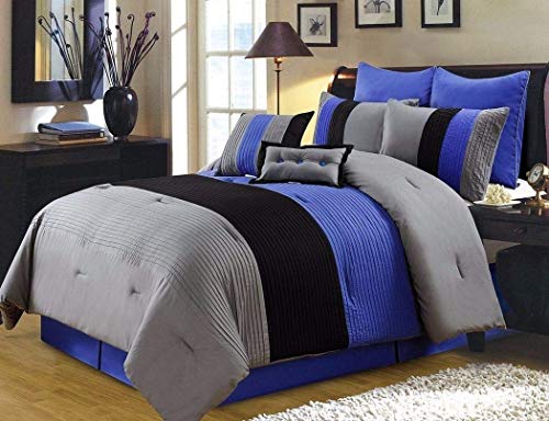 Flash Deals - 60% OFF Chezmoi Collection 8 Pieces Luxury Striped Comforter Set (Full, Gray/Black/Blue)