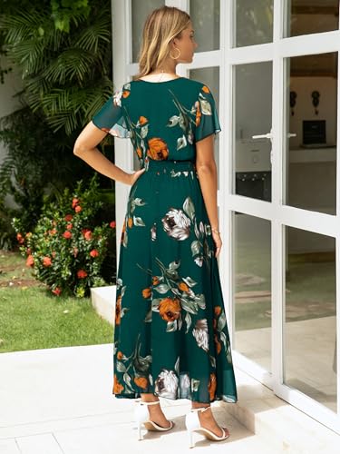 Image of Simplee Womens Floral Maxi Dress - Short Sleeve Summer Boho Wedding Guest Dress Empire Waist Chiffon Modest Midi Dresses