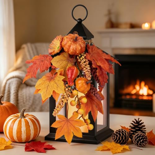 Image of Fall Lanterns Decorative Indoor & Outdoor, 14 inch Harvest Home Decor Lantern