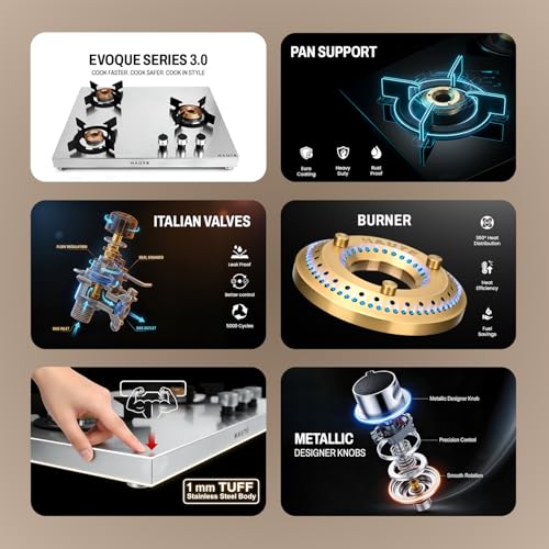 Evoque Series 3 Burner Gas Stove | 1mm Stainless Steel Body | 1 Jumbo, 1 Medium & 1 Small Burner | Doorstep Service | 8-Year Warranty by Haute Home - Image 3