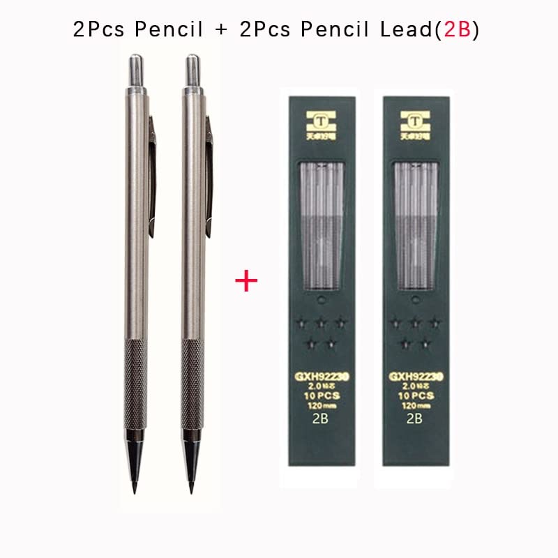 Ołówki 2,0 mm Metalowe ołówki mechaniczne Ołówki automatyczne 2B HB Wymienny wkład Ołówki automatyczne artystyczne (1 szt. ołówków) (2 szt. szarych 2b)