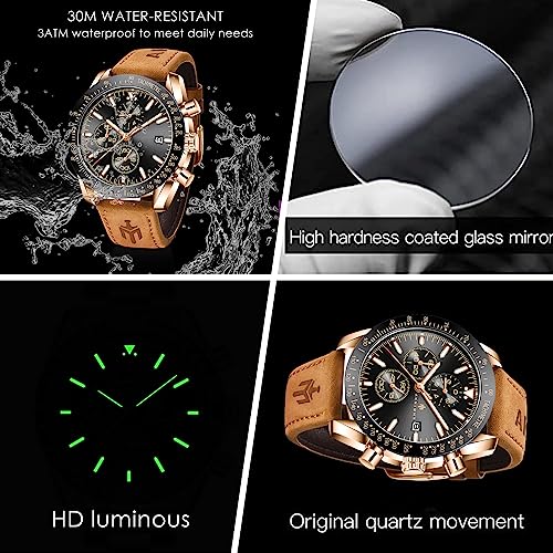 Benyar - Stylish Wrist Watch For Men, Genuine Leather Strap Watches, Perfect Quartz Movement, Waterproof And Scratch Resistant, Analog Chronograph Business Watches #TOP5