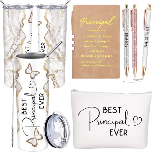 Domensi 6 Pcs End of The Year Gifts for Principal Thank You Gift 20oz Rustic Butterfly Marble Sign Tumbler Makeup Bag Journal for Assistant Principal School Office Birthday Retirement (White)