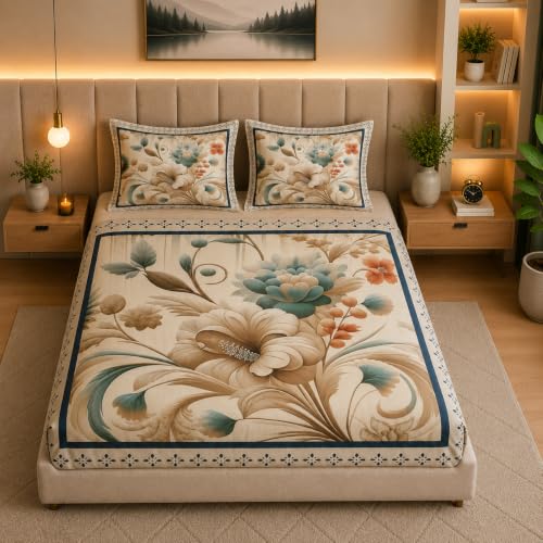 Image of 7D Digital Printed King Size Bedsheet with 2 Pillow Covers | Soft Premium Cotton Feel Microfiber Double Bed Bedsheet | Wrinkle Free & Fade Resistant | (BeigeFlw, King Size - 90 x 100)