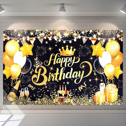 Happy Birthday Banner Schwarz Gold, 180 x 110 cm Geburtstag Geburtstagsdeko für Frauen Männer Hintergrund Extra Groß Geburtstag Party Dekoration Glitze Partydekoration