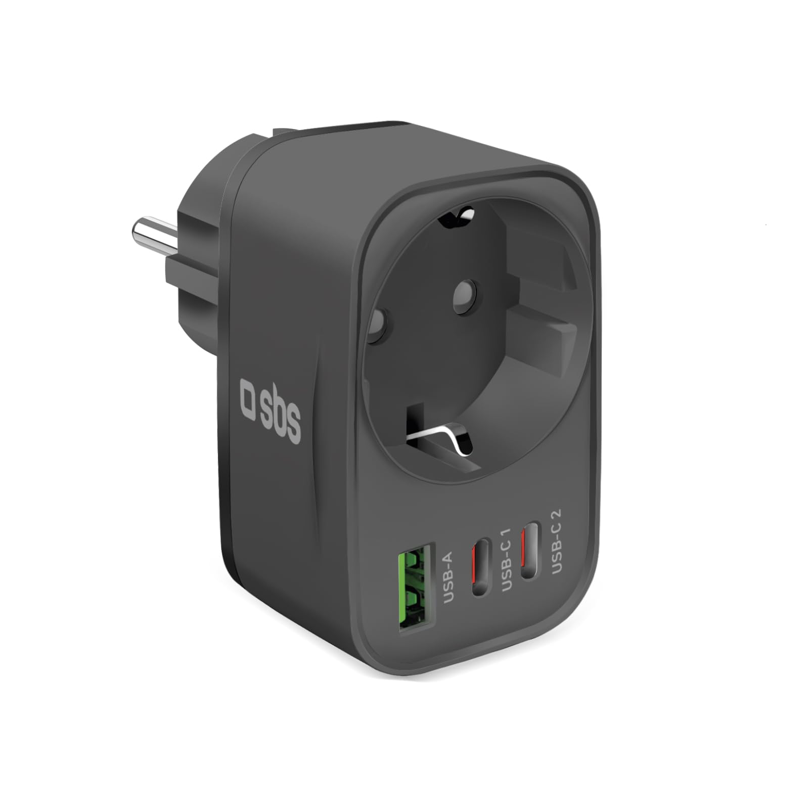 SBS USB-C USB-A Wielogniazdowy Zasilacz, Maks. 3500 W, Gniazdo Schuko z Pass-Through, Power Delivery (PD 3.0 PPS) 30 W, Szybkie ładowanie, do iPhone, Android, Tablet i MacBook Neo, Szary