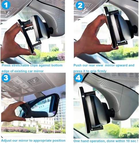 Image of Kitbest Rear View Mirror, Universal Clip On Wide Angle Anti Glare Blue Tint Car Mirror (Bonus 2 PCS Blind Spot Mirrors)