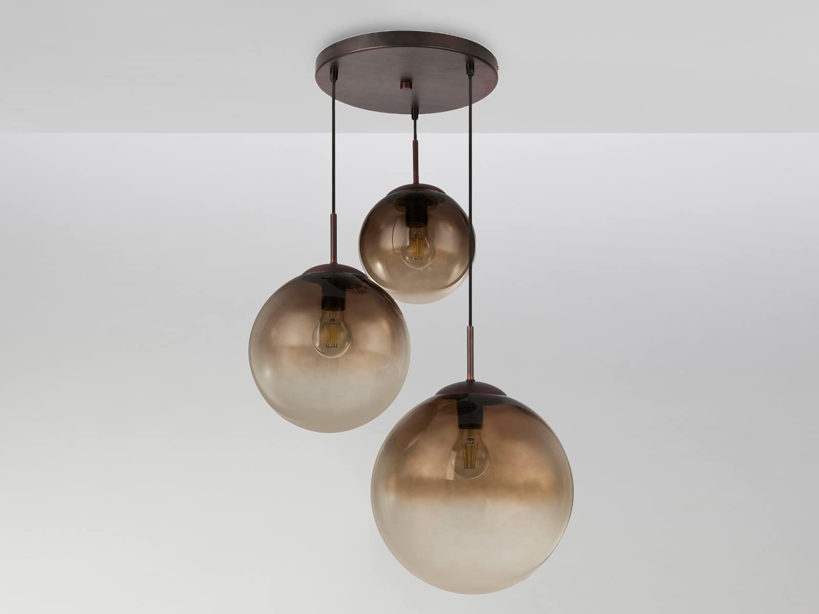 Lámpara colgante de 3 focos con bolas de cristal de ámbar