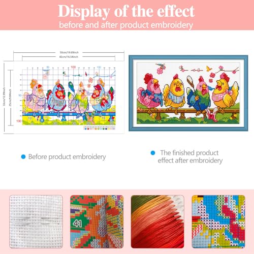 Image of Zhenqing Knitting Chickens Stamped Cross Stitch Kit, 11CT Printed Pattern on White Cotton Fabric, Farmhouse Chicken Decor | For Adults and Beginners, White 11CT Cotton Fabric, DIY Farmhouse Chicken Needlework, 50 x 33cm, 66313