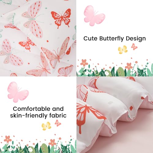 Image of david's kids 4 Piece Toddler Bedding Set - Soft Breathable Toddler Bedding Set for Girls, Includes Quilted Comforter, Flat Sheet, Fitted Sheet and Pillowcase, Butterfly