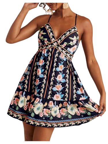 SweatyRocks Women's Criss Cross Backless Boho Dresses V Neck Spaghetti Strap Ruffle Mini Vacation Dress