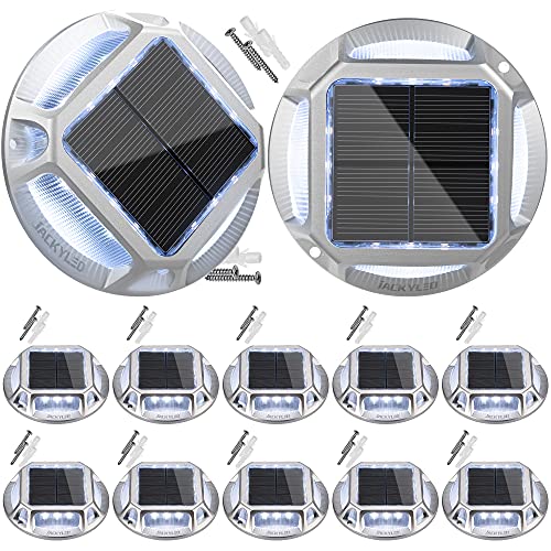 Solar Driveway Marker Lights 12-Pack, JACKYLED Outdoor LED Solar Powered Boat Dock Lights Aluminum Bright Deck Lights Waterproof Road Studs for Deck Step Stair Garden Ground Walkway Cool White