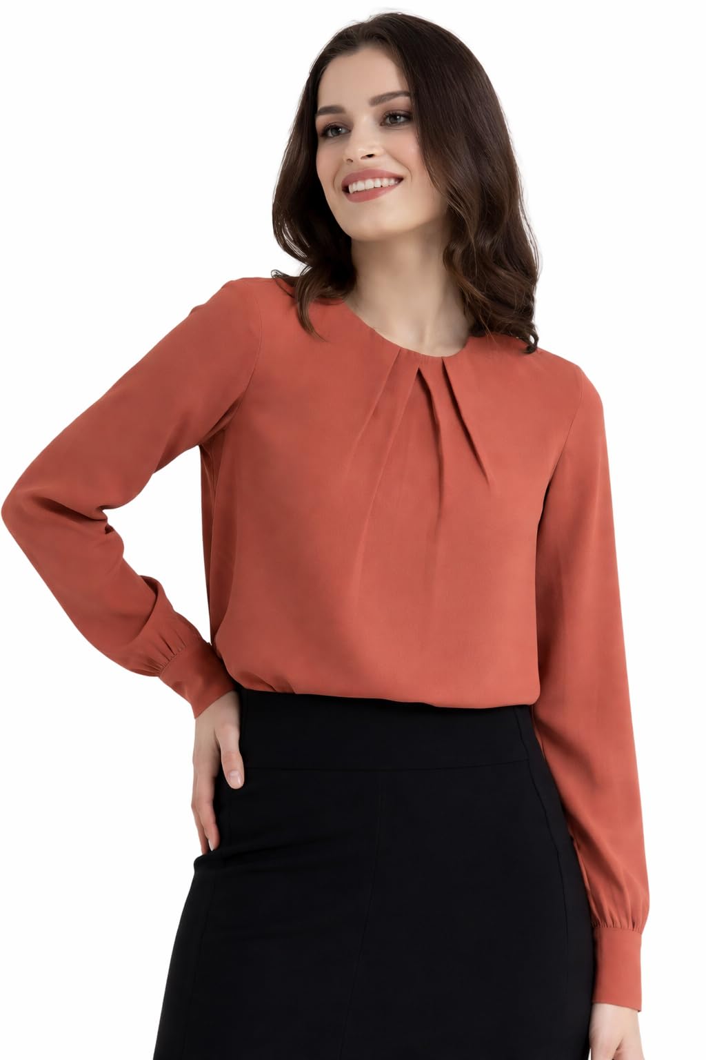 Classic Crew Neck Front Pleat Detail Women Black Maroon Dark Blue Pink Green Lavender Top with Long Sleeves for Office, Casual, Top for Women/Girls Tops