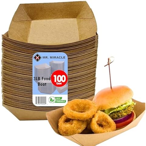 Mr Miracle Paper Food Trays, Kraft Paper. Large (3LB). 100 Pack, Disposable, Recyclable Serving Boats.For Condiments, Snacks & Concession Food, Grease Ressistant Cover