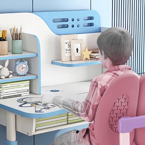 Image of Kids Desk and Chair Set with Castle Backboard - Height Adjustable Children's Study Table with Storage Drawer & Bookstand, Widened Desktop & Ergonomic Chair for Boys Girls 3-12 Years (Blue3)