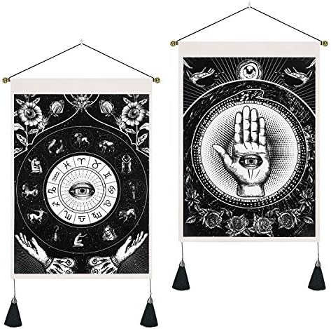 Yugarlibi Set of 2 Hand of Fatima Tapestry Wall Hangings with Tassels, Black Evil Eye Tapestries, Astrology Zodiac Constellations Wall Art for Bedroom Living Room, 35x50cm