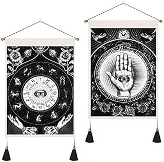 Yugarlibi Set of 2 Hand of Fatima Tapestry Wall Hangings with Tassels, Black Evil Eye Tapestries, Astrology Zodiac Constellations Wall Art for Bedroom Living Room, 35x50cm