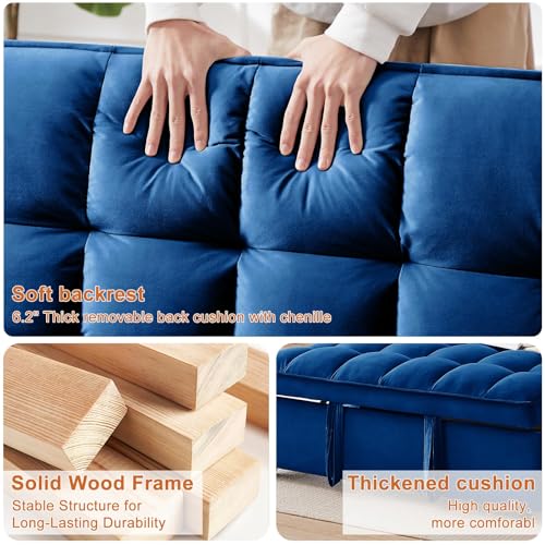 Image of Dreamzie 53 inch Sleeper Sofa, 3 in 1 Convertible Sofa Bed & Pull Out Couch, Modern Velvet Loveseat with Adjustable Backrest, Side Pocket & 2 Pillows for Apartment Living Room, Blue
