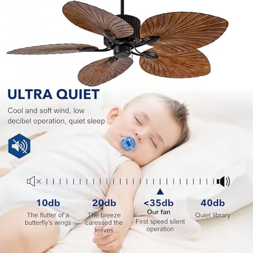 Image of PalmAura Ceiling Fan - Modern Fan with Silent Motor, Remote Control, 5 Palm-Style Wooden Blades - Modern Coastal Ceiling Fan for Living Room, Bedroom, Home Decor