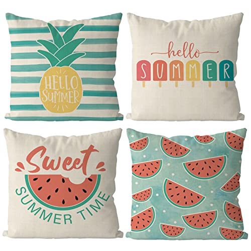 GAGEC Summer Pillow Covers 18x18 Inch Set of 4 Pineapple Watermelon Popsicle Pillows Covers Cool Hello Summer Decorations Farmhouse Cushion Case Decor for Sofa Couch