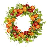 YNYLCHMX 18' Spring Summer Wreaths for Front Door, Artificial Floral Wreath with Poppy Flowers Green Tea Leaves, Green Foliage Wreath for Wall Window Farmhouse Party Holiday Home Decor