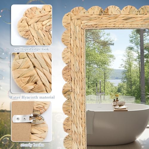 Image of 23 inch x 17 inch Scalloped Rattan Mirror Handwoven Water Hyacinth Wall Mirror Decorative Natural Water Hyacinth Wall Wavy Frame for Bathroom, Living Room, Entryway Decor