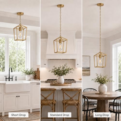 Image of Phaosio Gold Pendant Lights Kitchen Island, Modern Farmhouse Light Fixture | Metal Cage Pendant Light Fixture, Adjustable Height, Sloped Ceiling, Kitchen Lighting for Dining Room, Entryway, Foyer,1 Pack