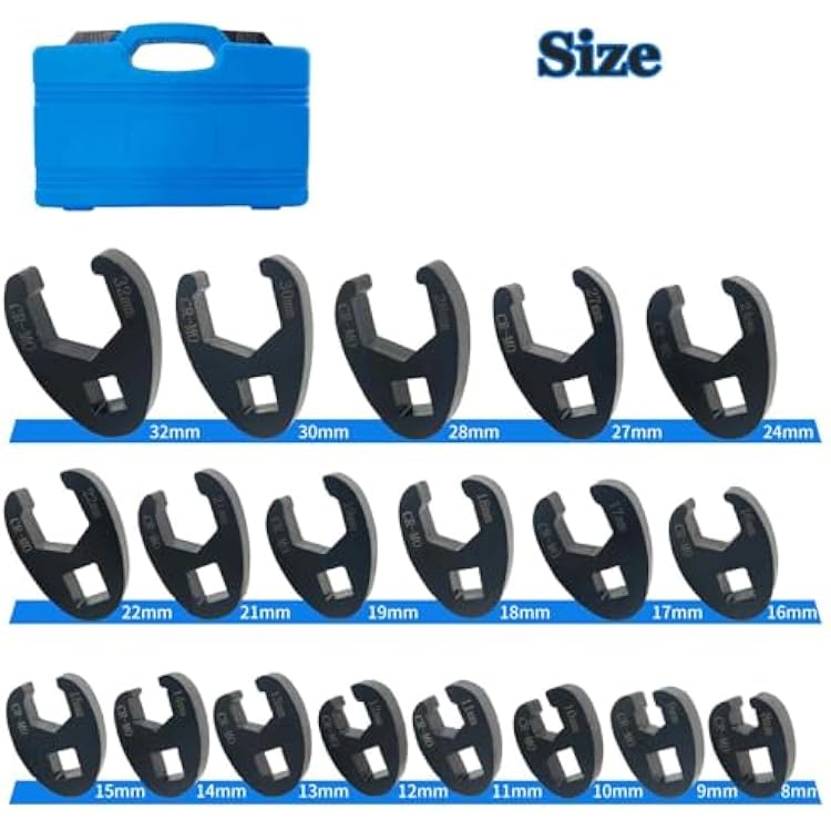 Crowfoot Flare Nut Wrench Set, 19PC Metric Tool 8 to 32 mm Sizes 3/8 & 1/2 Drive for Ratchets & Torque Wrenches(12Pcs for 3/8 drives, 8mm-19mm; 7Pcs for 1/2 drives, 21mm-32mm.