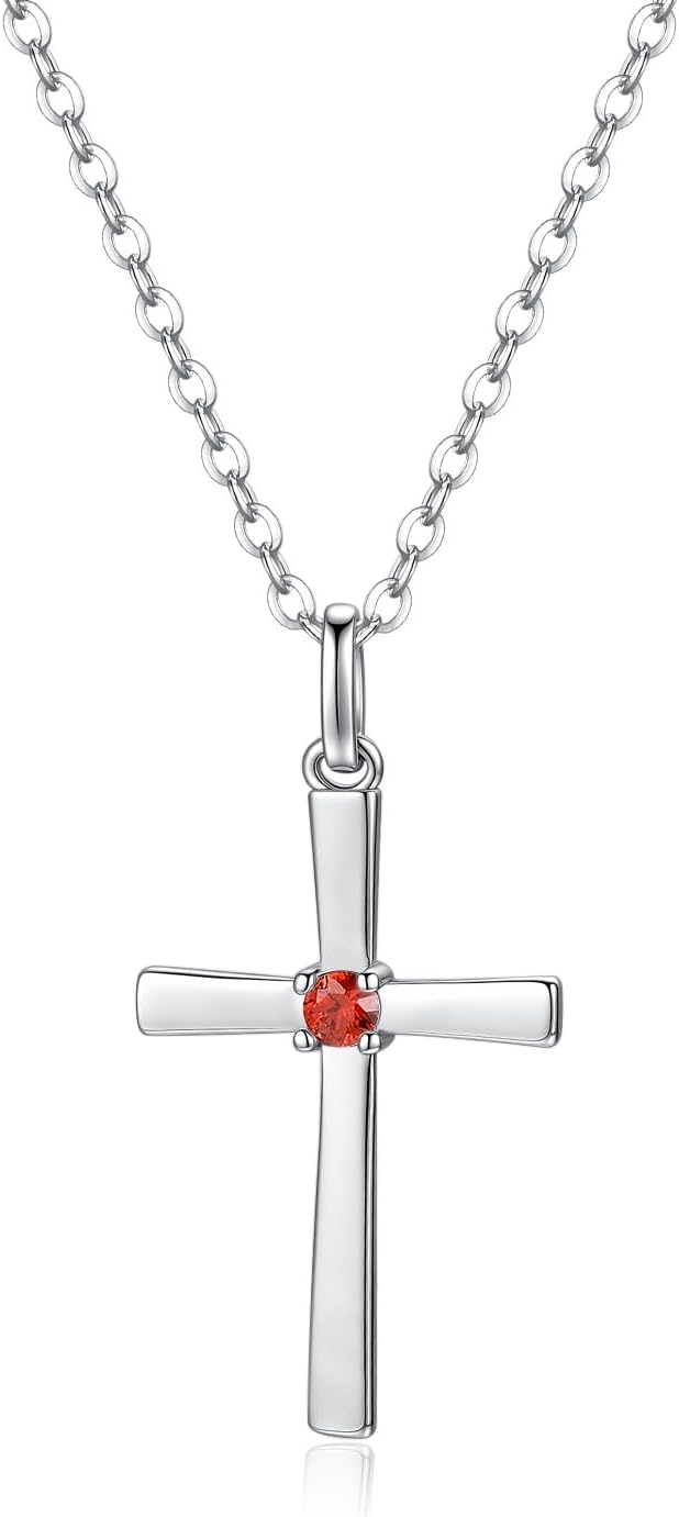GAVU 925 Sterling Silver Birthstone Cross Necklace for Women – Cubic Zirconia Necklace, Minimalist Faith Silver Cross Pendant Jewelry Symbolizing Strength, Devotion, and Inner Beauty
